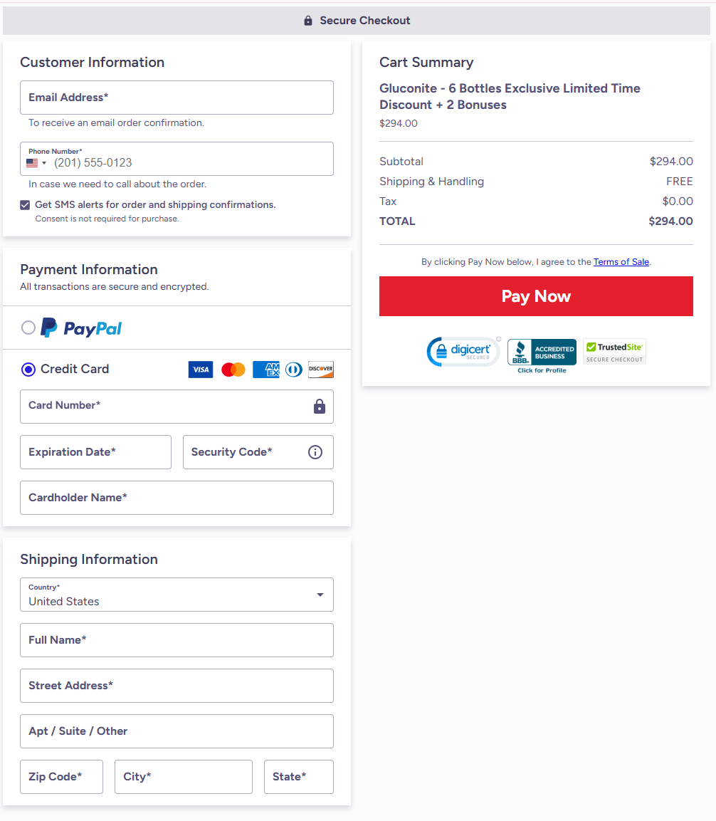 Gluconite Order Checkout Page
